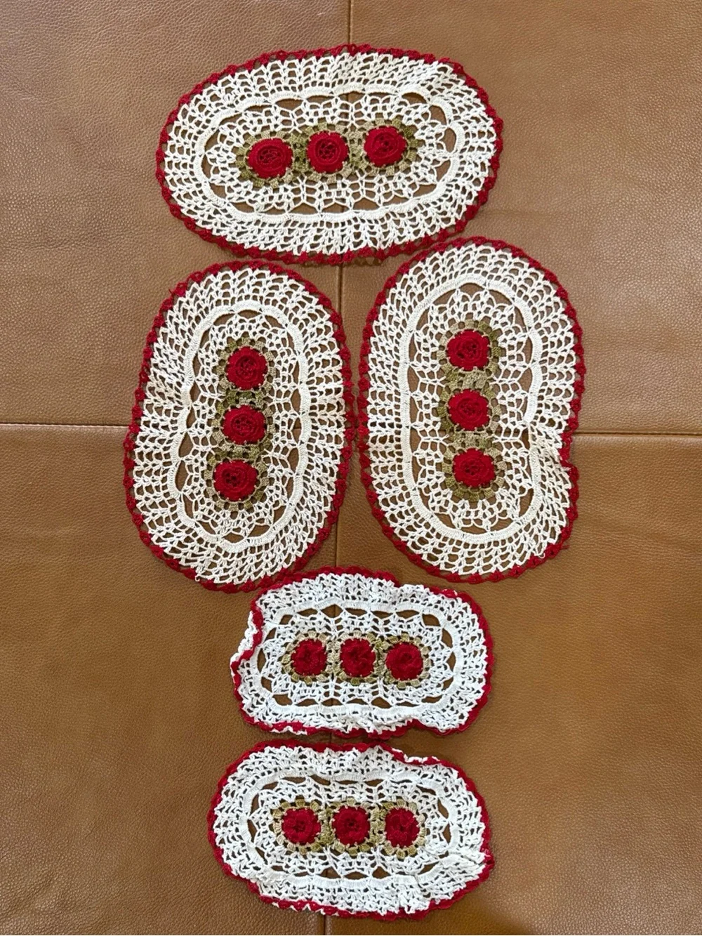 Vintage Handmade Crochet Doily Lot of 5 Red Rose Floral Oval Doilies Cottagecore